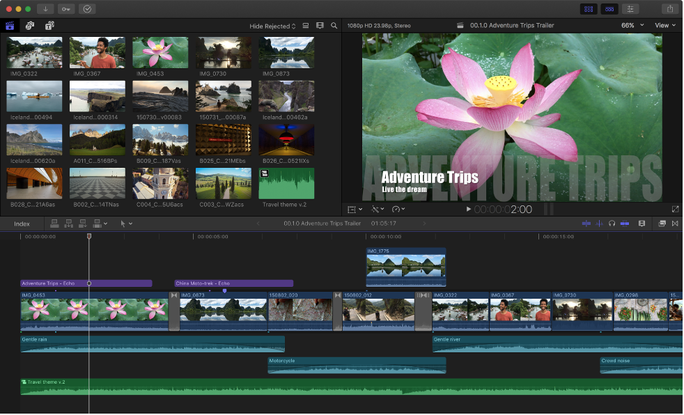 Final Cut Pro 窗口，顯示浏覽器、檢視器和時間線(xiàn)